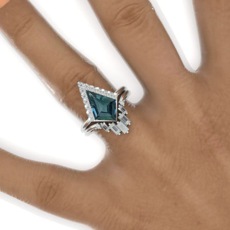 2.5 Carat Kite Teal Sapphire Halo Engagement Ring Set. 2.5CT Fancy Kite Shape Bezel Teal Sapphire Ring Set