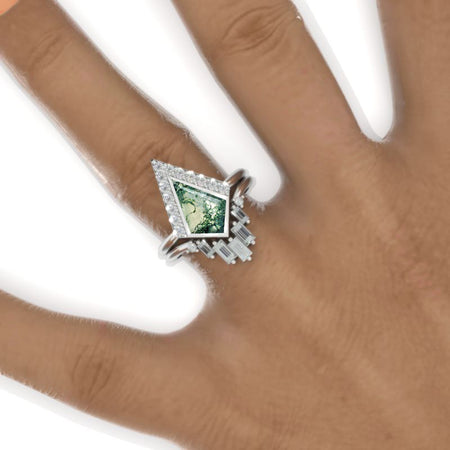 2.5 Carat Kite Genuine Moss Agate Halo Engagement Ring Set. 2.5CT Fancy Kite Shape Bezel Moss Agate Ring Set