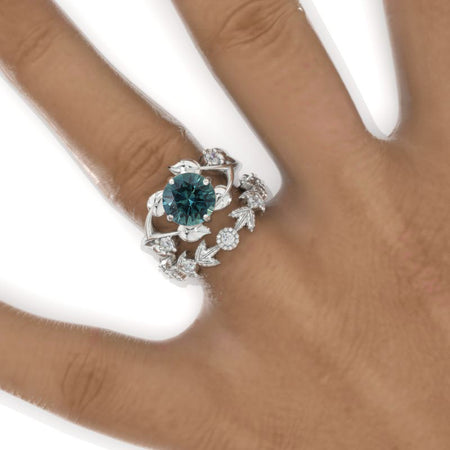 2 Carat Round Teal Sapphire Floral Twig Engagement Ring, Eternity Ring Set