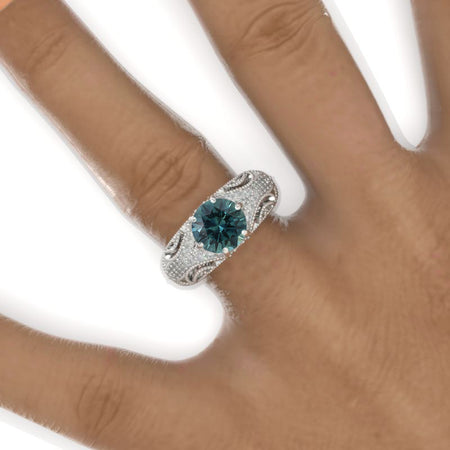 2 Carat Teal sapphire Round Victorian Style Lace Shank Engagement Ring. Victorian 14K White Gold Ring