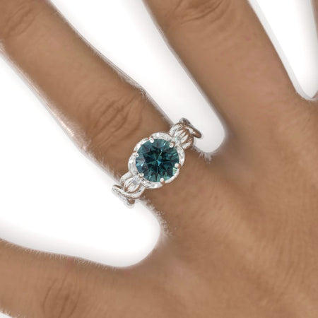 2 Carat Round Teal Sapphire Floral Twig Shank Engagement Ring