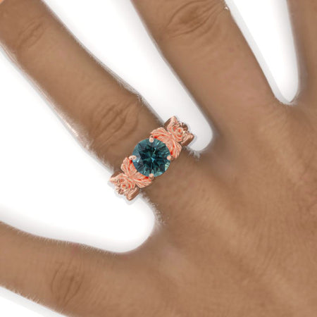 2 Carat Round Teal Sapphire Rose Floral Twig Shank Engagement Ring