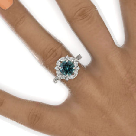 2 Carat Round Teal Sapphire Floral Halo Twisted Shank Engagement Ring