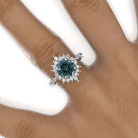 2 Carat Round Teal Sapphire Floral Halo Shank Engagement Ring