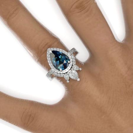 3 Carat Pear Teal Sapphire Halo Engagement Ring 14K White Gold Ring Set