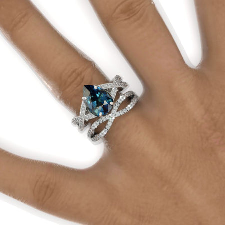 3 Carat Pear Teal  Sapphire Halo Twisted Engagement Ring 14K White Gold Ring Set