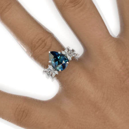 3 Carat Pear Teal Sapphire Cluster 14K White Gold Engagement Eternity Ring