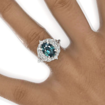 2 Carat Oval Teal Sapphire Floral Leaves Setting White Gold Engagement Ring