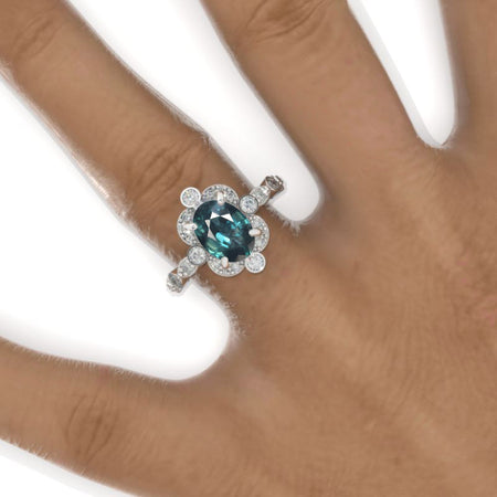 2 Carat Oval Teal Sapphire Vintage Setting White Gold Engagement Ring