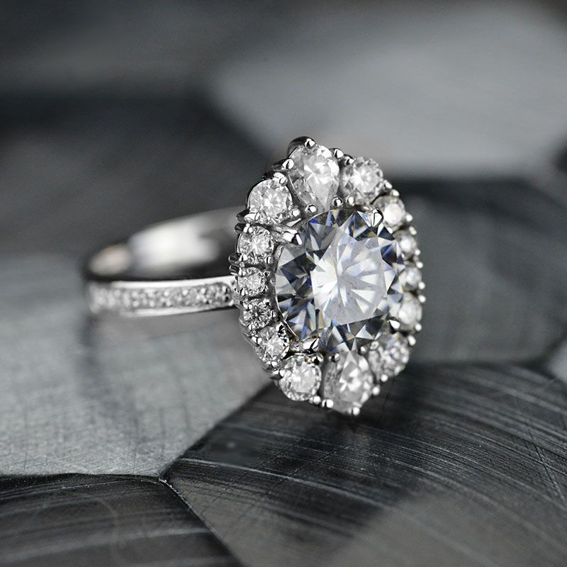 14K White Gold Halo Diamond Moissanite Engagement Ring