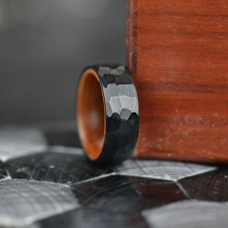 Hammered Black  Tungsten Ring with Inner Solid Oak Wood,