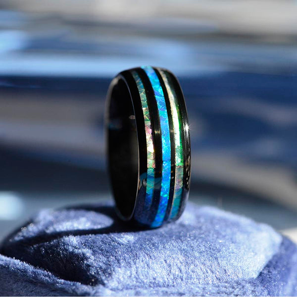 Natural Abalone Shell Blue Opal Men's Black Tungsten Ring - Giliarto