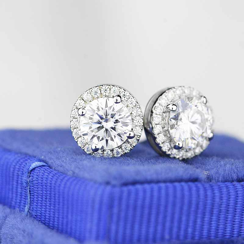 Moissanite Stud Earrings, Wedding Earrings, 3Ct Round Colorless Moissanite, 14K White Gold, Fancy Halo Engagement Earrings, Bridal Jewelry store