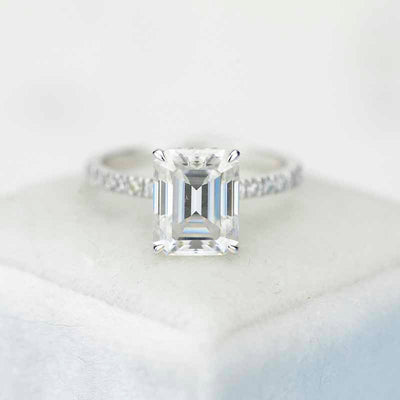 3 Carat Giliarto Emerald Cut Moissanite Hidden Halo 14K White Gold Eng