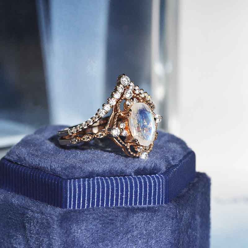 Oval Moonstone Vintage Ring- Two Rings Set - Giliarto