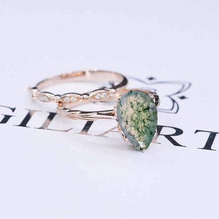 3 Carat Pear Genuine Moss Agate Engagement Eternity Rose Gold Ring Set