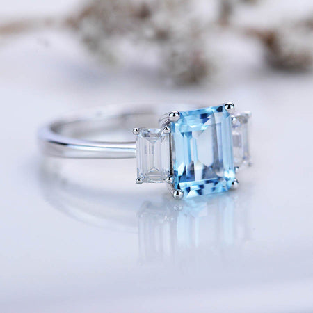 3Ct Emerald cut Aquamarine 14K White Gold Ring, Aquamarine three stone ring, natural aquamarine and moissanite ring, Genuine aquamarine emerald cut ring