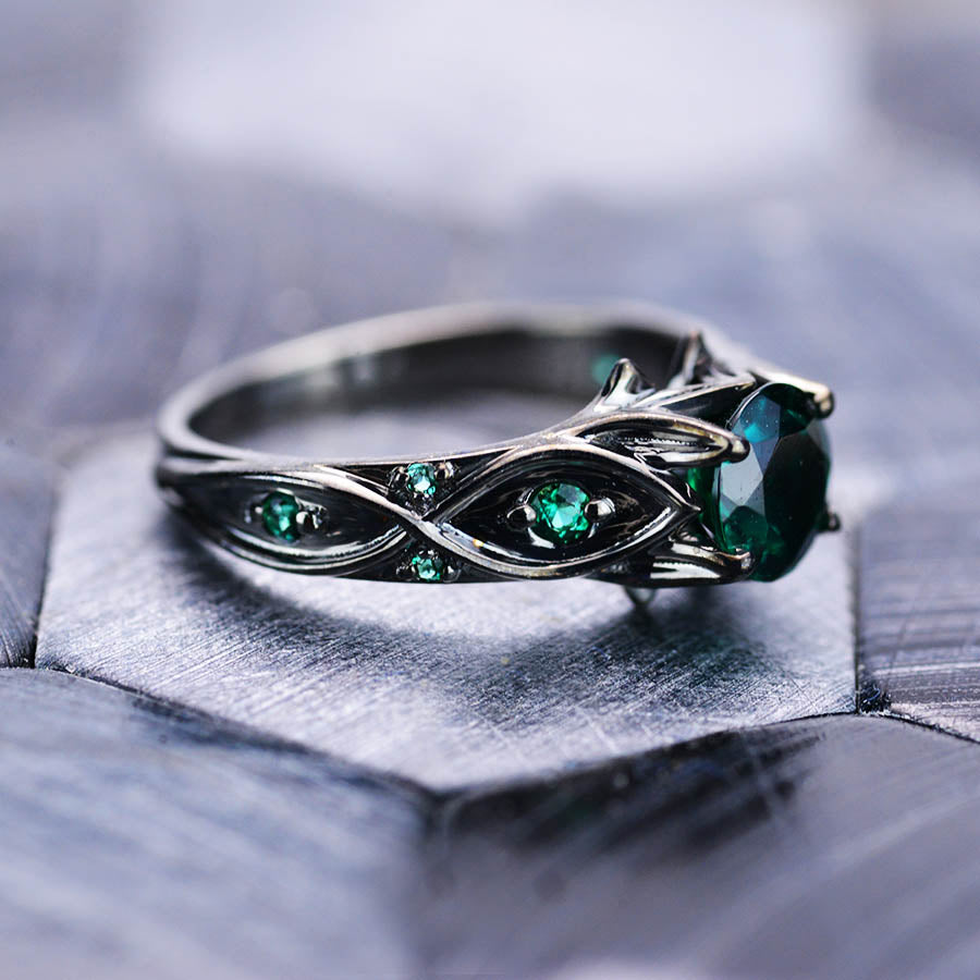 Black Gold Floral Engagement Ring / Emerald Engagement Ring / Black Diamond  Engagement Ring / Nature Inspired Black Gold Band / Unique Ring - Etsy