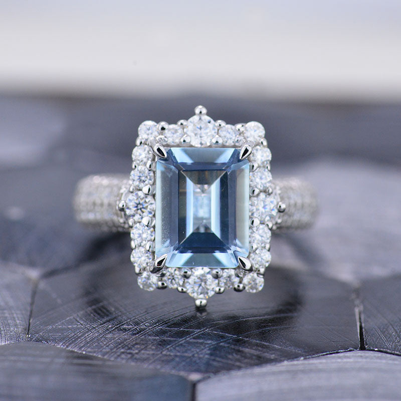 3Ct Genuine Aquamarine Engagement Ring Halo Emerald Step Cut Aquamarin ...