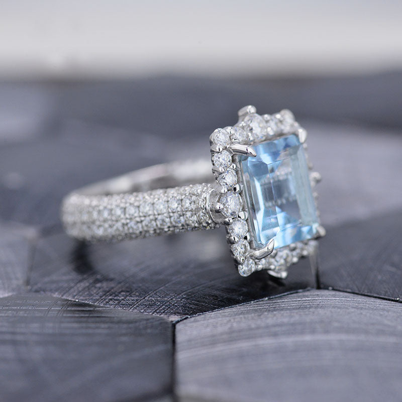 3Ct Genuine Aquamarine Engagement Ring Halo Emerald Step Cut Aquamarin ...