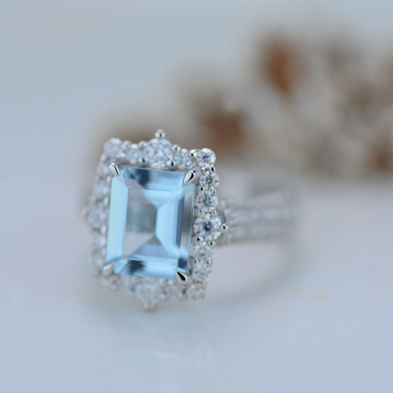 3Ct Genuine Aquamarine Engagement Ring Halo Emerald Step Cut Aquamarin ...