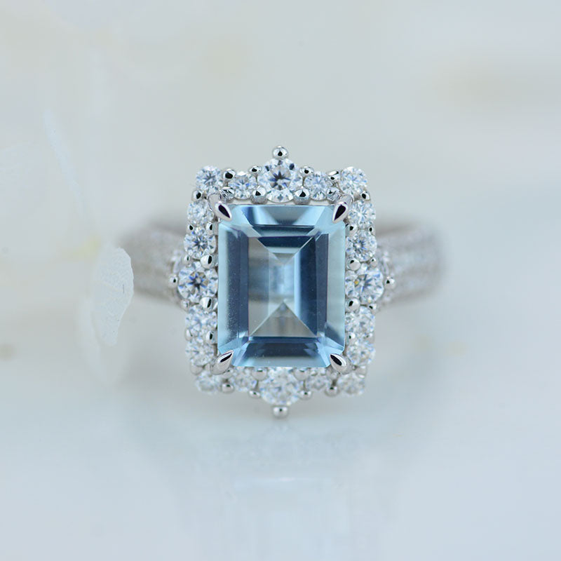 3Ct Genuine Aquamarine Engagement Ring Halo Emerald Step Cut Aquamarin ...