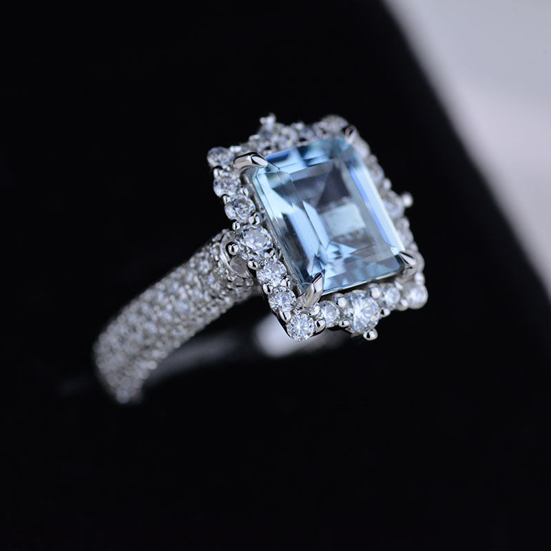 3Ct Genuine Aquamarine Engagement Ring Halo Emerald Step Cut Aquamarin ...