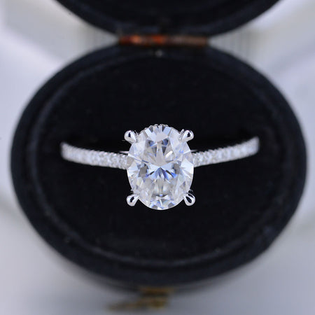 3 Carat Carat Oval Moissanite Ring, Hidden Halo Gold Engagement Ring