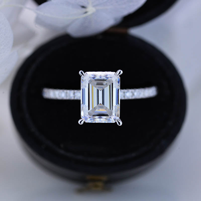 3 Carat Giliarto Emerald Cut Moissanite Hidden Halo 14K White Gold Eng