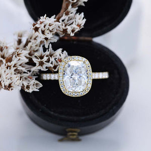 2.5Ct Cushion Moissanite 14K Yellow Gold Engagement Ring, Cushion Halo Engagement Ring