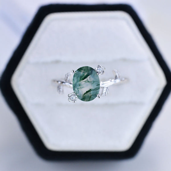 14K Rose Gold Dainty Natural Moss Agate Leaf Ring, 2ct Oval Agate Twig ...