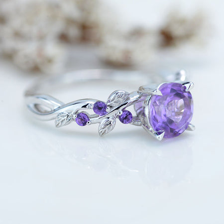 Genuine  Amethyst  Floral White Gold Engagement  Ring