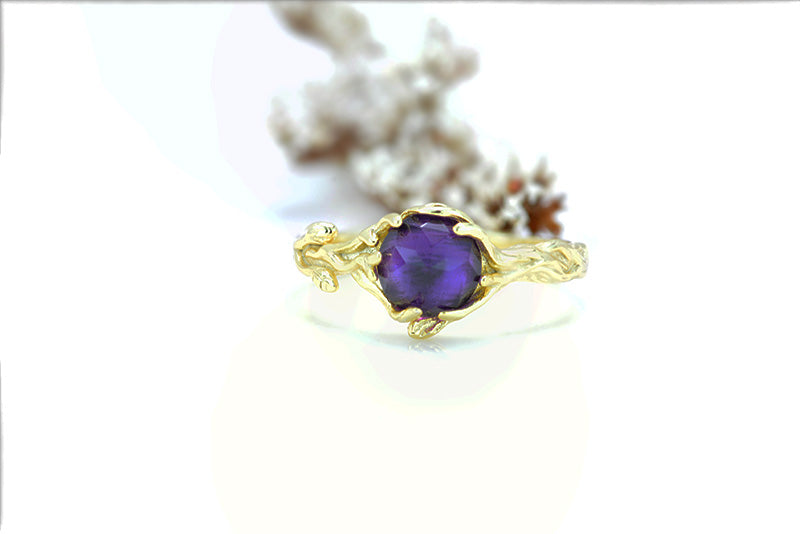 Silver Dainty Natural Amethyst Ring. Round Amethyst Floral Twig