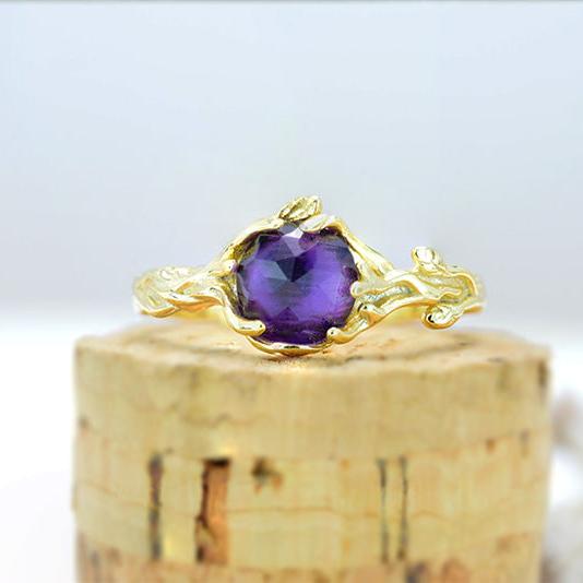 Silver Dainty Natural Amethyst Ring. Round Amethyst Floral Twig