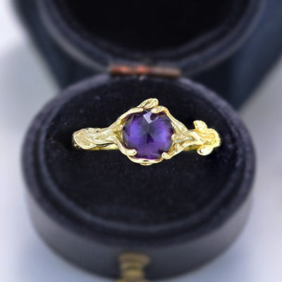 Silver Dainty Natural Amethyst Ring. Round Amethyst Floral Twig