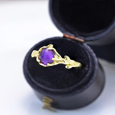 Silver Dainty Natural Amethyst Ring. Round Amethyst Floral Twig