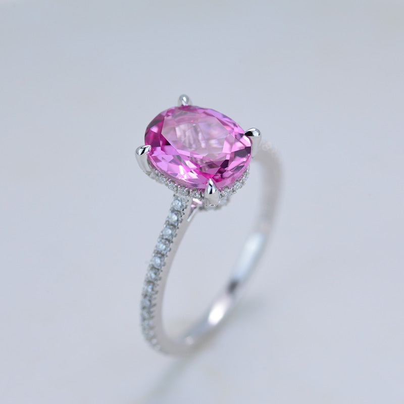 3 Carat Carat Oval Pink Sapphire Ring, Hidden Halo Gold Engagement Rin ...