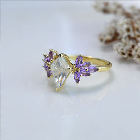 3 Carat Kite Moissanite Amethyst Engagement Ring. 3CT Fancy Shape Moissanite Ring