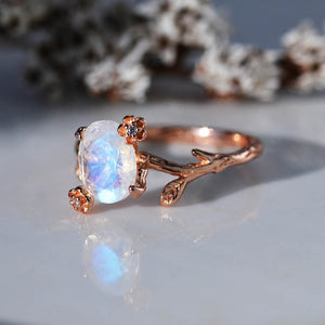 Dainty Natural Moonstone Leaf Ring, 2ct Oval Cut Twig Moonstone Ring, Rose Gold Ring Unique Curved Floral Ring
