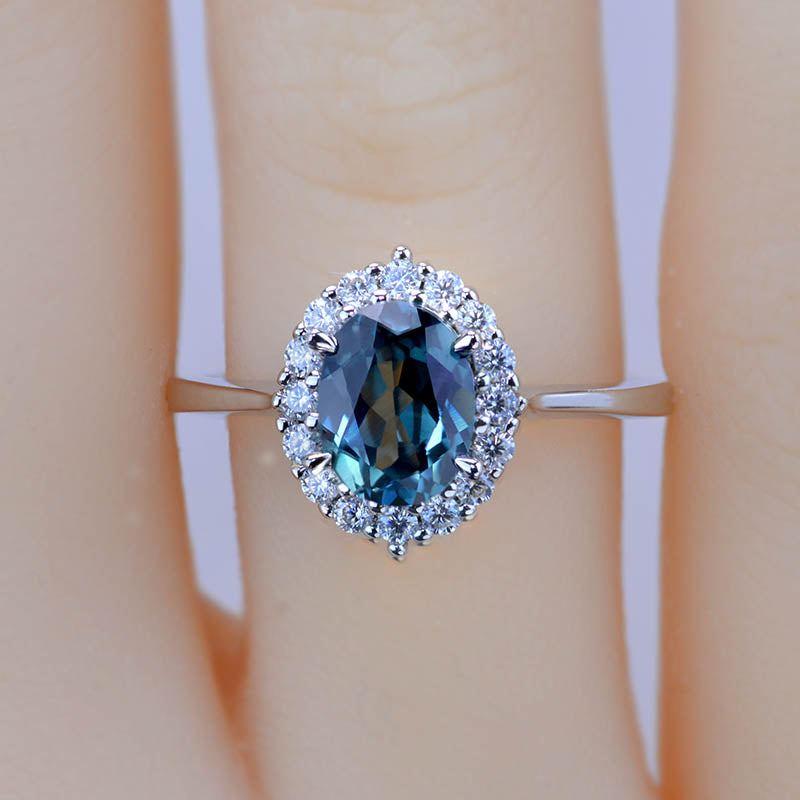 Oval cut Aqua Sapphire Halo Diamond Ring Set by La More Design in