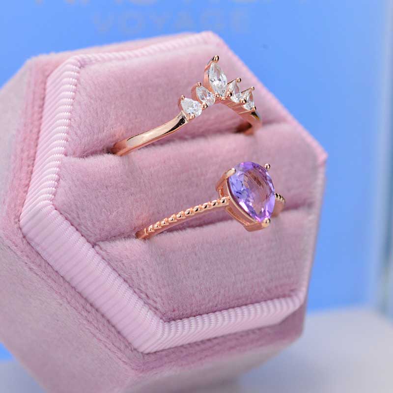 Natural Amethyst Purple Crystal Ring Set 2 Pieces Pear Cut Shaped Band  Wedding Ring 14k Pink Gold