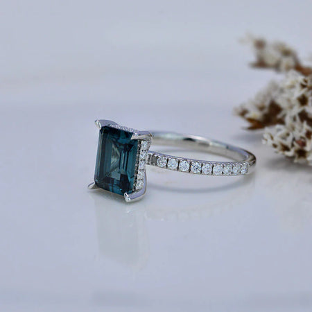 3 Carat Emerald Cut Teal Sapphire Hidden Halo Engagement Ring