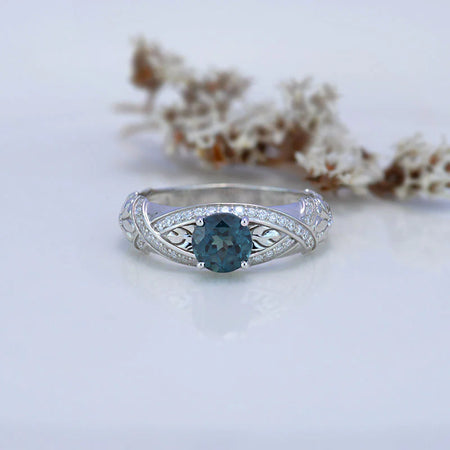 Green Teal Sapphire White Gold Floral Engagement Ring