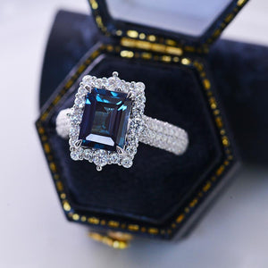 4 Carat Vintage Style 10x8mm Emerald Cut Teal Sapphire White Gold Engagement Ring