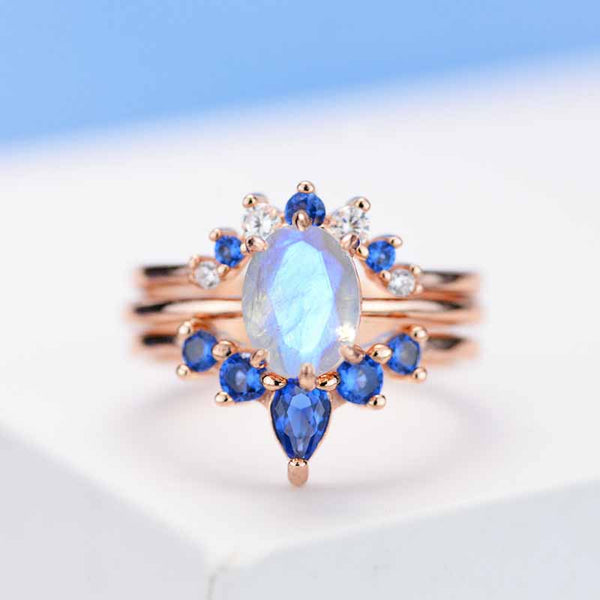 3 Carat Oval Vintage Moonstone Gold Ring- Three Ring Set - Giliarto