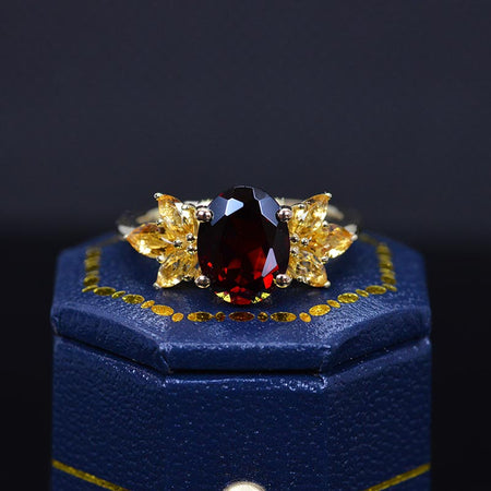 14K Yellow Gold 2 Carat Oval Genuine Garnet Halo Citrine  Vintage Cluster  Engagement Ring