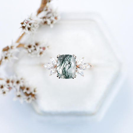 2Ct Cushion Cut Genuine Moss Agate Engagement Ring, Cushion Moss Agate Engagement Ring, Marquise Side Accents Stones 14K Rose Gold Ring