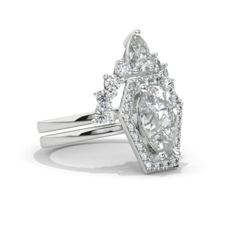 3 Carat Pear Moissanite Halo Engagement Ring. Eternity Ring Set