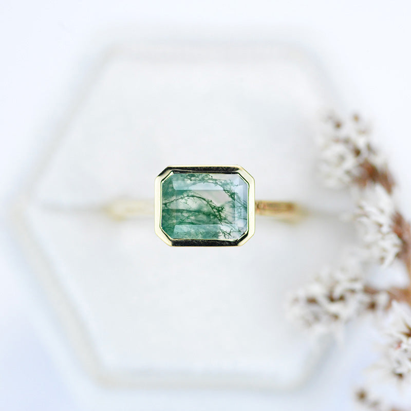 3 Carat Green Moss Agate Engagement Ring, Bezel Set Emerald Cut