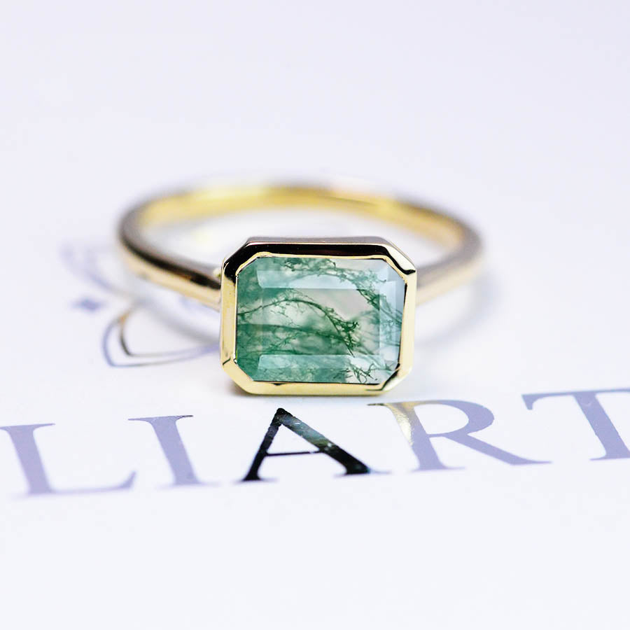 3 Carat Green Moss Agate Engagement Ring, Bezel Set Emerald Cut